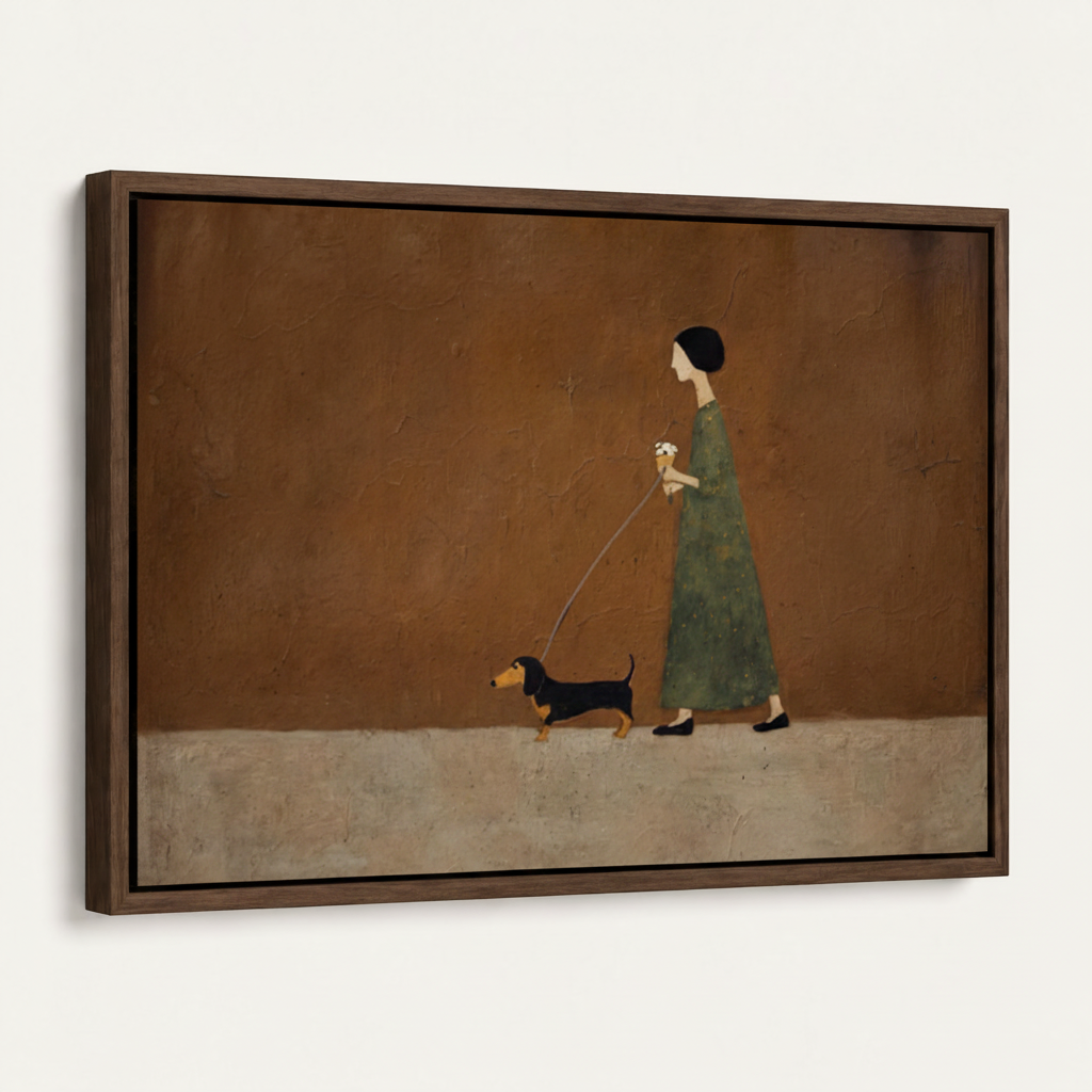 Framed dachshund canvas print in dark walnut float frame angled product view white background
