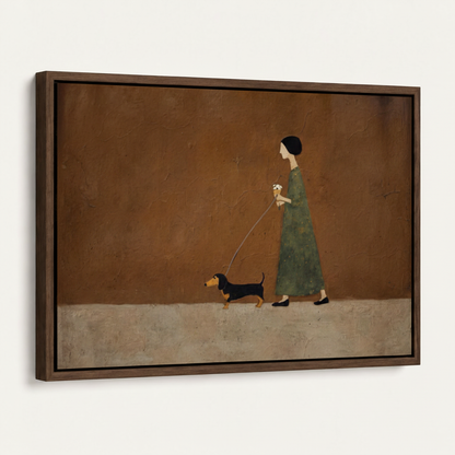 Framed dachshund canvas print in dark walnut float frame angled product view white background