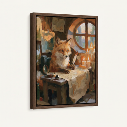 Cozy fox candlelit study quill map compass canvas in dark walnut float frame, 3/4 left angle view