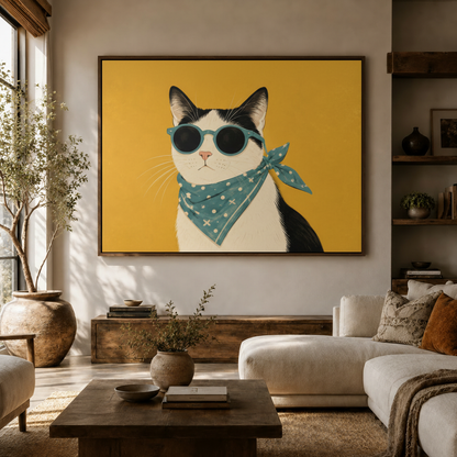 Funny cat with blue sunglasses wall art above white sofa in bright contemporary living room