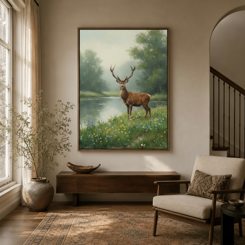 deer stag by misty river classical oil painting canvas in dark walnut floating frame in modern entryway