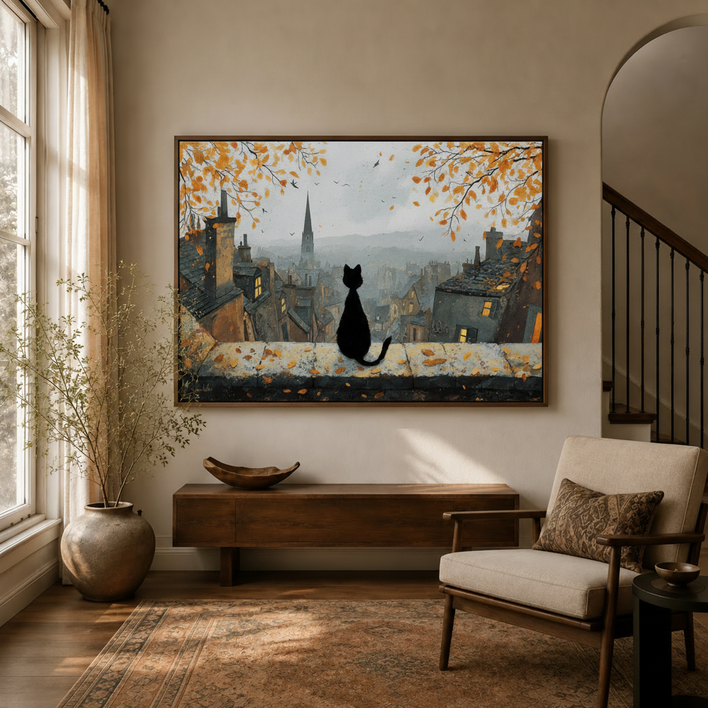 Moody autumn cityscape cat canvas framed print hung in warm entryway hallway beside arched doorway and accent chair

