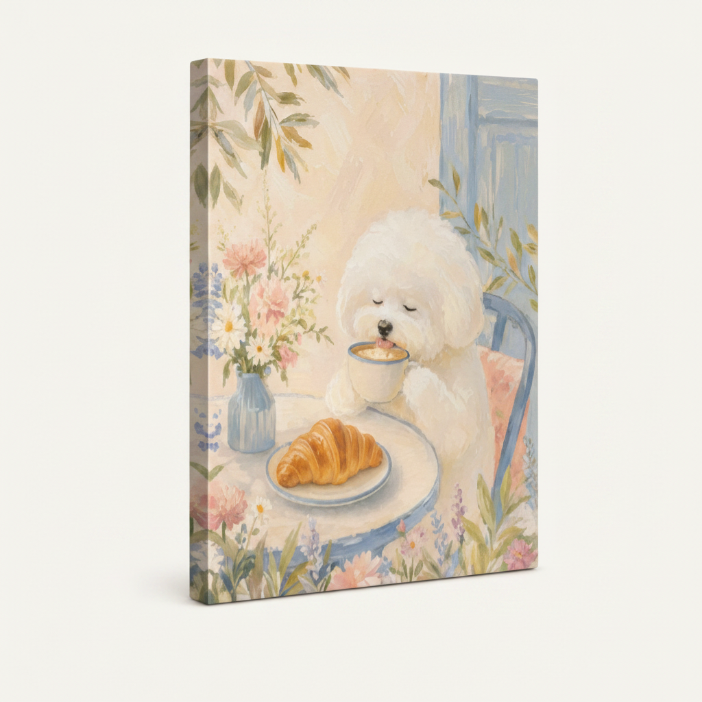 Gallery wrapped Bichon Frise coffee croissant watercolor canvas side view pastel pink wrap edges visible