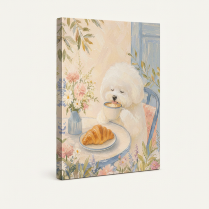 Gallery wrapped Bichon Frise coffee croissant watercolor canvas side view pastel pink wrap edges visible