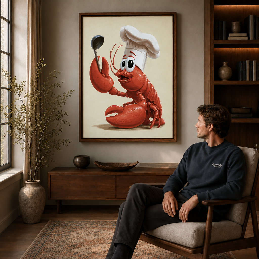 Red lobster chef wall art displayed above a wood cabinet beside a seated man.