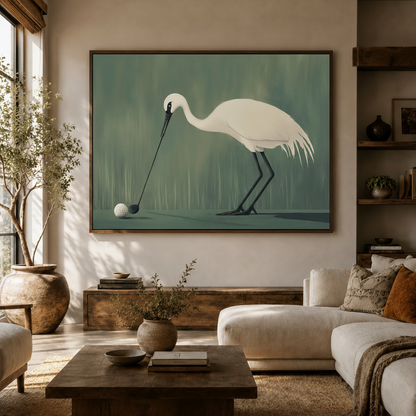 Whimsical crane golf painting in dark frame on off-white wall above white sofa