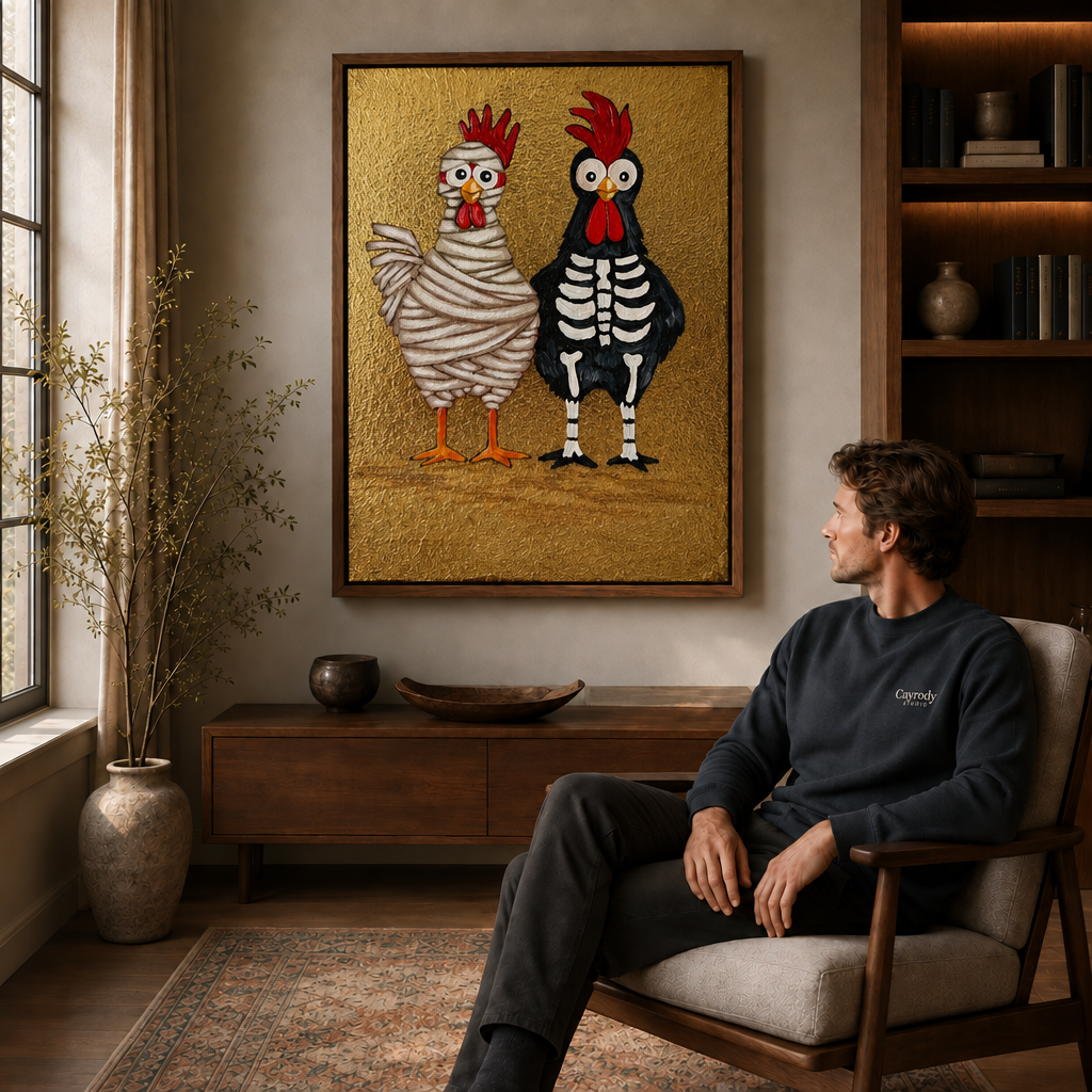 Two quirky chickens, one bandaged and one skeleton, hang above a wood console in a warm living room.