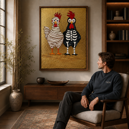Two quirky chickens, one bandaged and one skeleton, hang above a wood console in a warm living room.