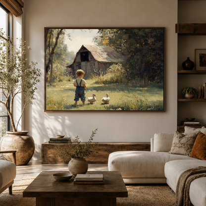 Framed boy and ducks country barn impressionist canvas displayed large in warm modern living room above sideboard