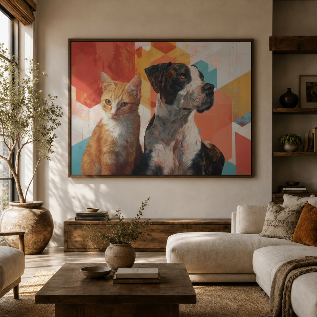 Framed cat and dog impasto portrait canvas displayed in warm living room above console
