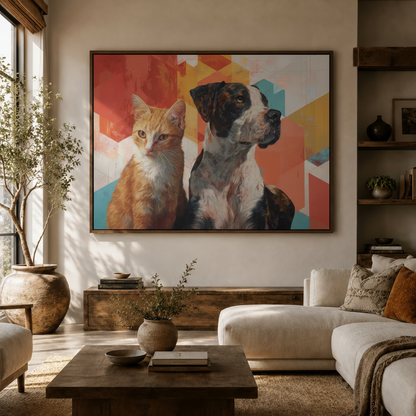 Framed cat and dog impasto portrait canvas displayed in warm living room above console