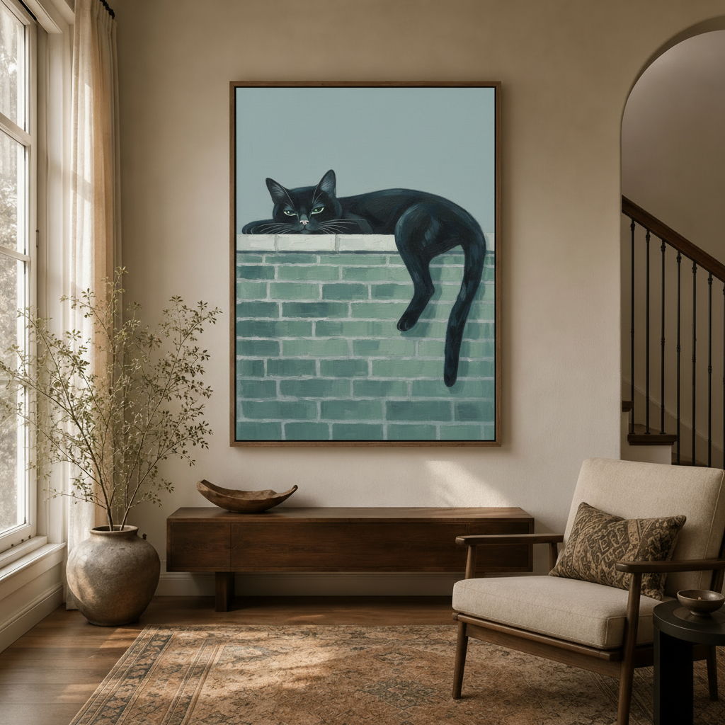 Whimsical black cat folk art canvas in walnut float frame hanging in transitional entryway with arched doorway