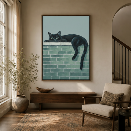 Whimsical black cat folk art canvas in walnut float frame hanging in transitional entryway with arched doorway