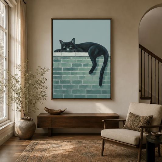 Whimsical black cat folk art canvas in walnut float frame hanging in transitional entryway with arched doorway
