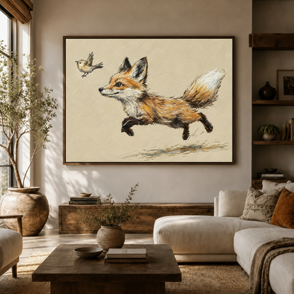 Textured fox and flying bird artwork above a modern cream sofa