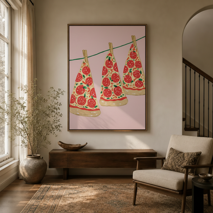 Bold gouache food illustration displayed high on wall in neutral entryway with arched doorway
