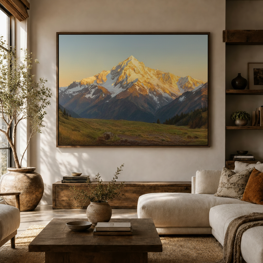 Realist mountain sunrise landscape canvas displayed above sideboard in neutral boho living room with olive tree and sofa