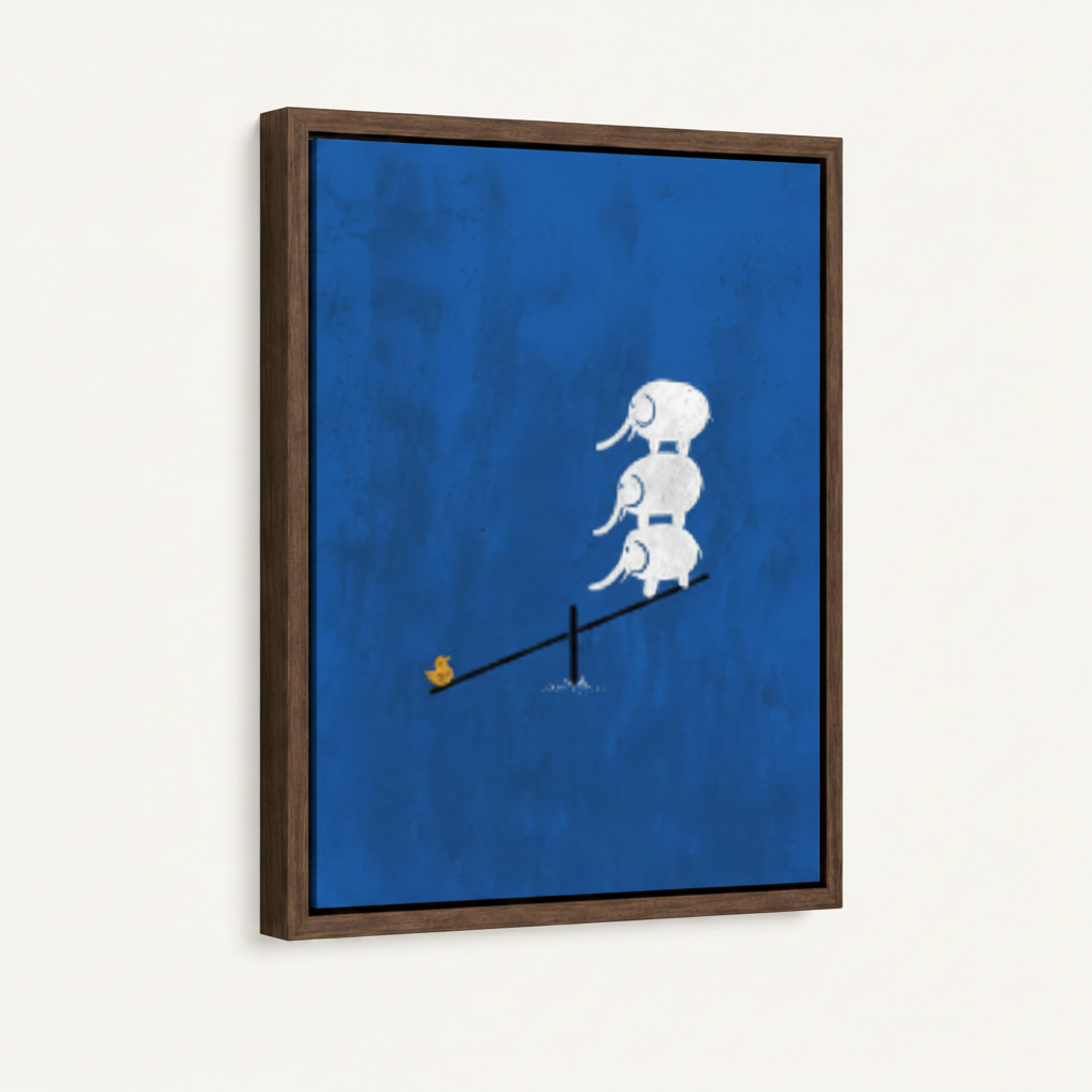 Minimalist cobalt blue elephant seesaw canvas in dark walnut float frame, 3/4 angle on white background