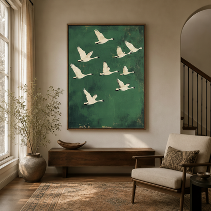 Japanese style swan canvas wall art hanging in entryway with arched doorway and dried botanicals