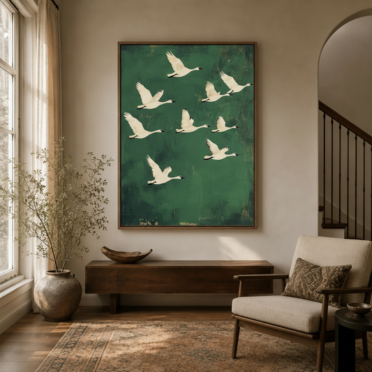Japanese style swan canvas wall art hanging in entryway with arched doorway and dried botanicals