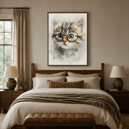 Tabby kitten round glasses watercolor canvas in dark walnut float frame above linen headboard in soft neutral bedroom