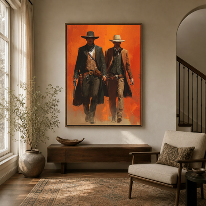 Dramatic frontier wall art of two cowboys in dark walnut frame hung in stylish entryway