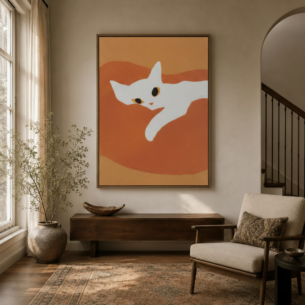 Minimalist white cat on orange background canvas print in dark walnut floating frame in modern entryway with arched doorway