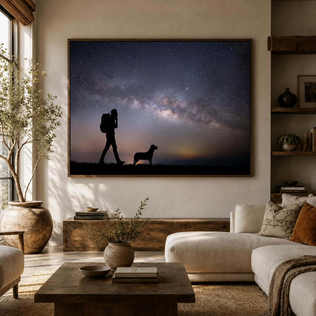 Large galaxy night sky canvas wall art hung in a neutral living room above sofa with olive tree, wooden shelves, and warm ambient light