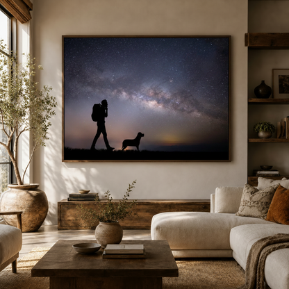 Large galaxy night sky canvas wall art hung in a neutral living room above sofa with olive tree, wooden shelves, and warm ambient light