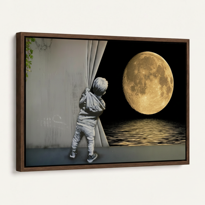 Dark walnut framed surrealist boy and moon canvas art angled product view