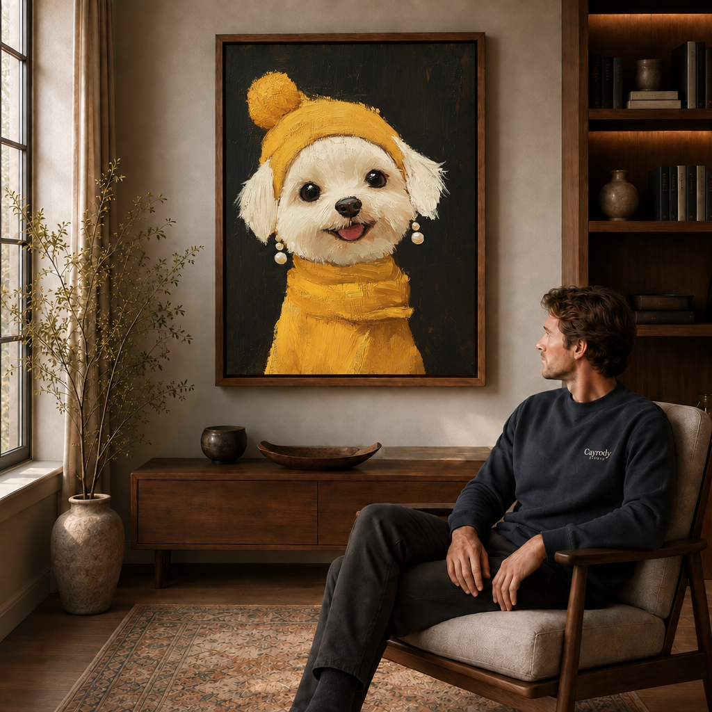 White dog portrait canvas wall art above a cabinet near a seated man and window.