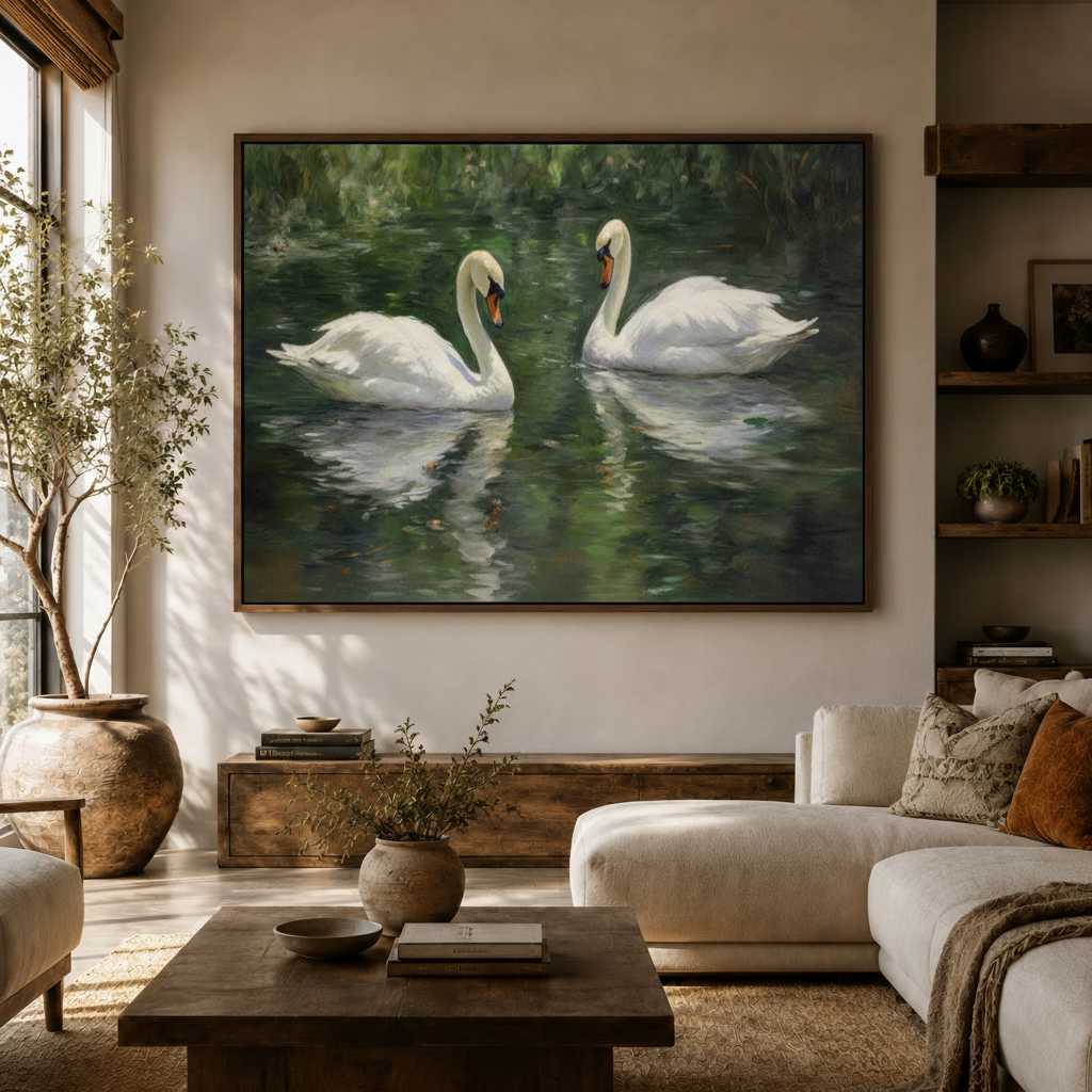 Swan lake wall art in floater frame hung in cozy living room above white sofa with natural light