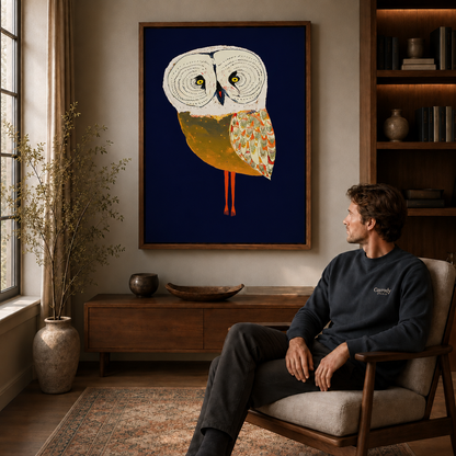 Whimsical owl canvas wall art above a cabinet near a seated man and window.