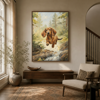 Joyful dachshund painting in float frame above console table in bright entryway