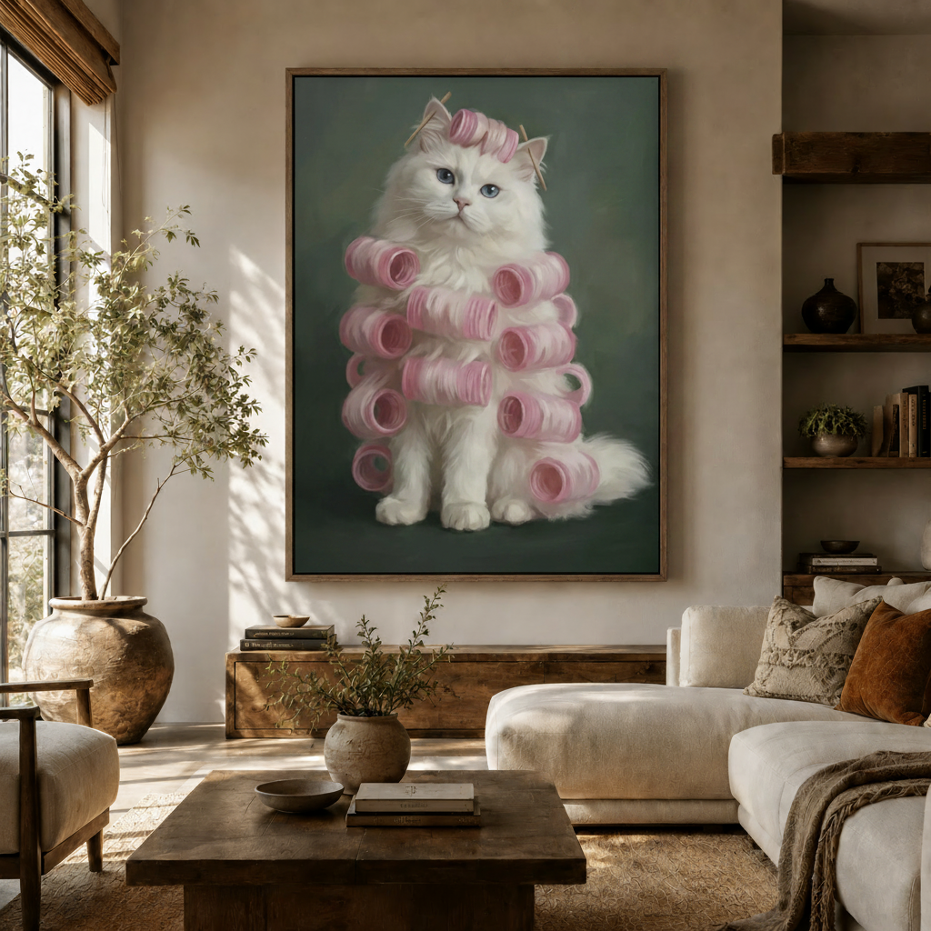 Whimsical fluffy cat in curlers framed canvas hanging in a cozy neutral living room with linen sofa