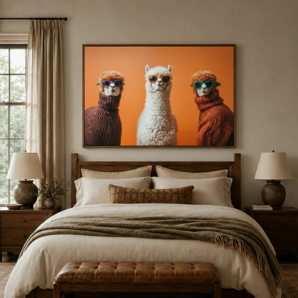 Funny alpaca wall art in dark walnut frame above bed in cozy neutral bedroom