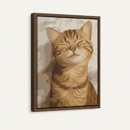 Blissful orange cat warm-toned illustration canvas in wide dark walnut float frame, 3/4 angle portrait view
