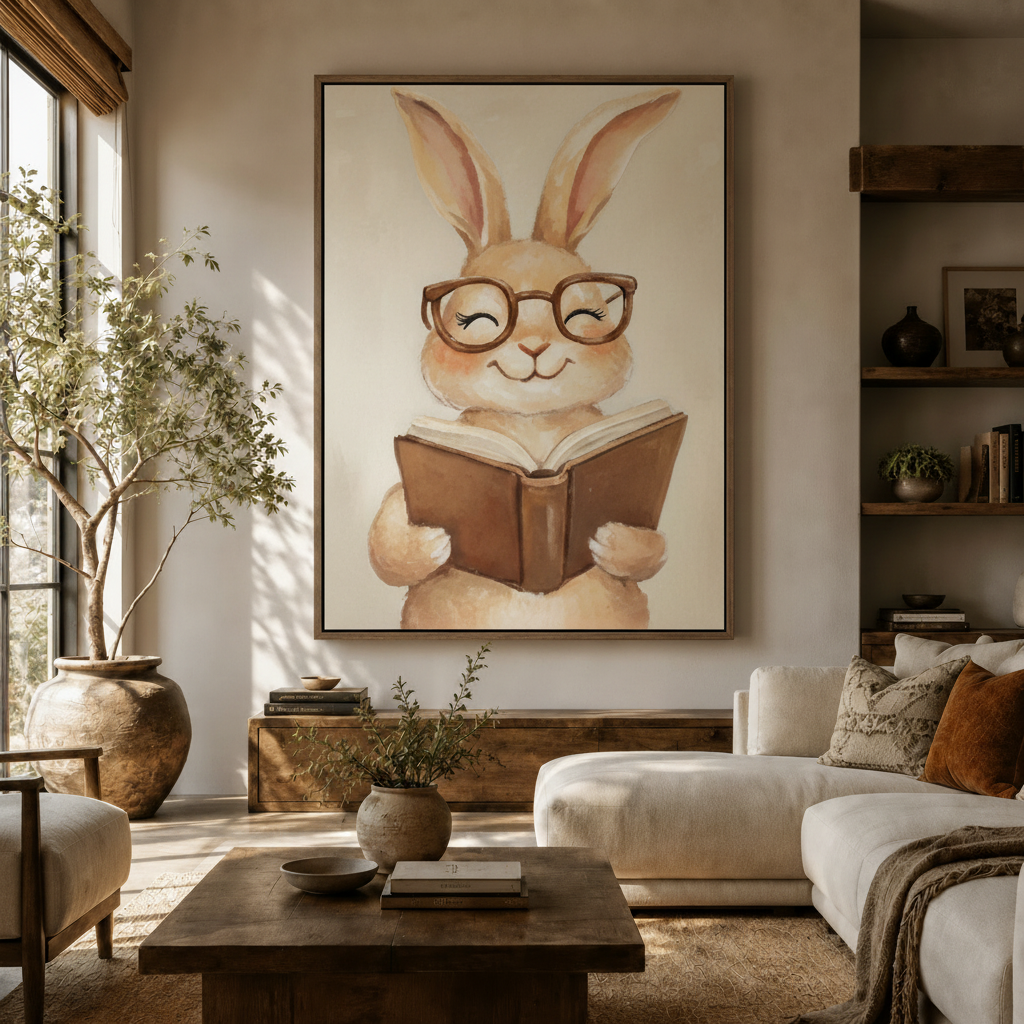 Framed watercolor bunny reading canvas print above walnut console with olive tree and cream sofa