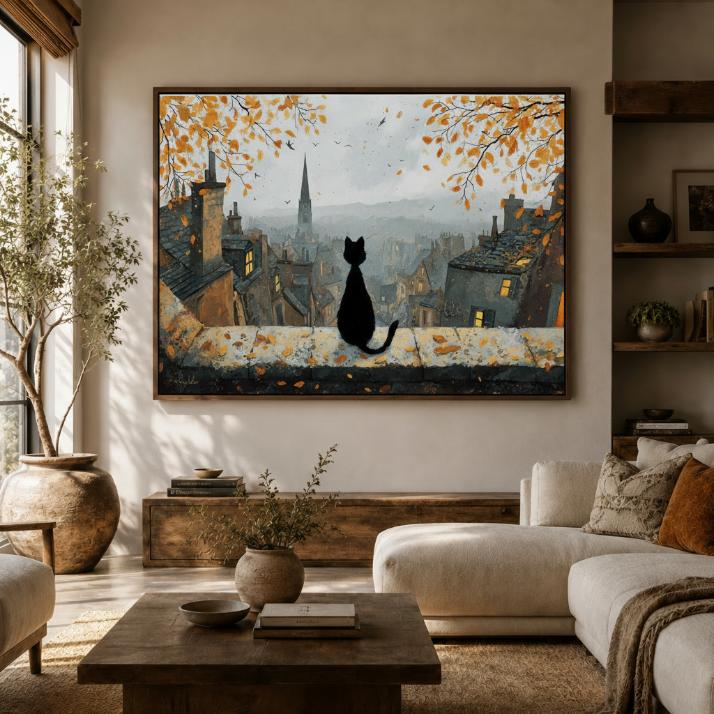 Black cat rooftop canvas print in dark walnut float frame displayed in cozy neutral living room above sideboard
