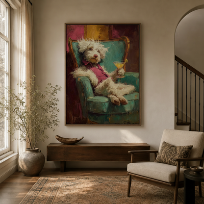 Whimsical white dog canvas wall art in entryway with arched doorway and warm neutral decor