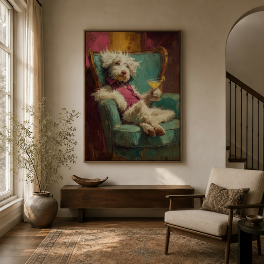 Whimsical white dog canvas wall art in entryway with arched doorway and warm neutral decor