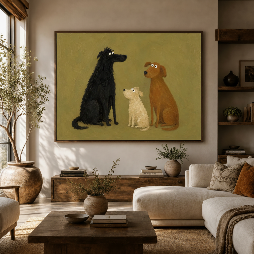 Playful three dogs folk art framed canvas above sideboard in cozy organic modern living room