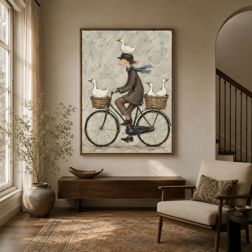 Whimsical folk art bicycle goose canvas print displayed in a warm neutral entryway with arched doorway