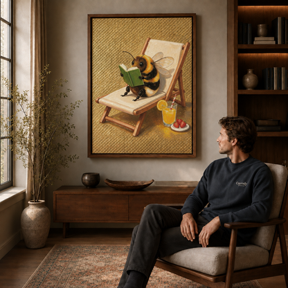 Framed reading bee artwork above a wood console in a cozy living room