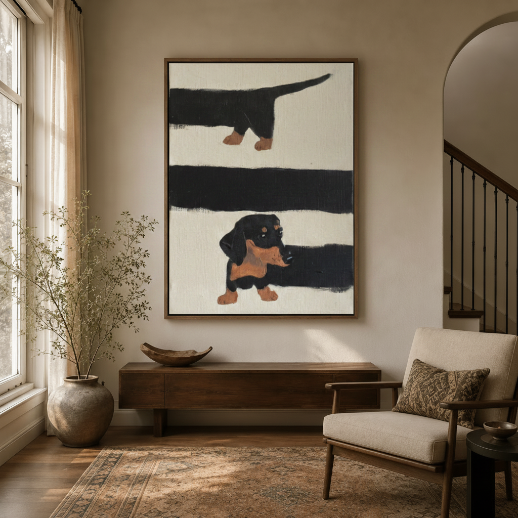 Framed dachshund brushstroke print displayed in cozy entryway with dried branch decor