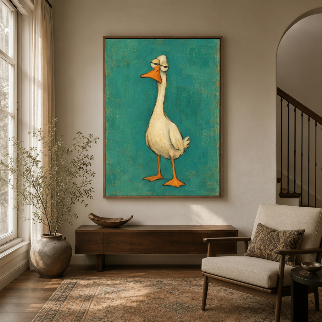 Funny goose canvas wall art in wood float frame displayed in modern entryway with staircase