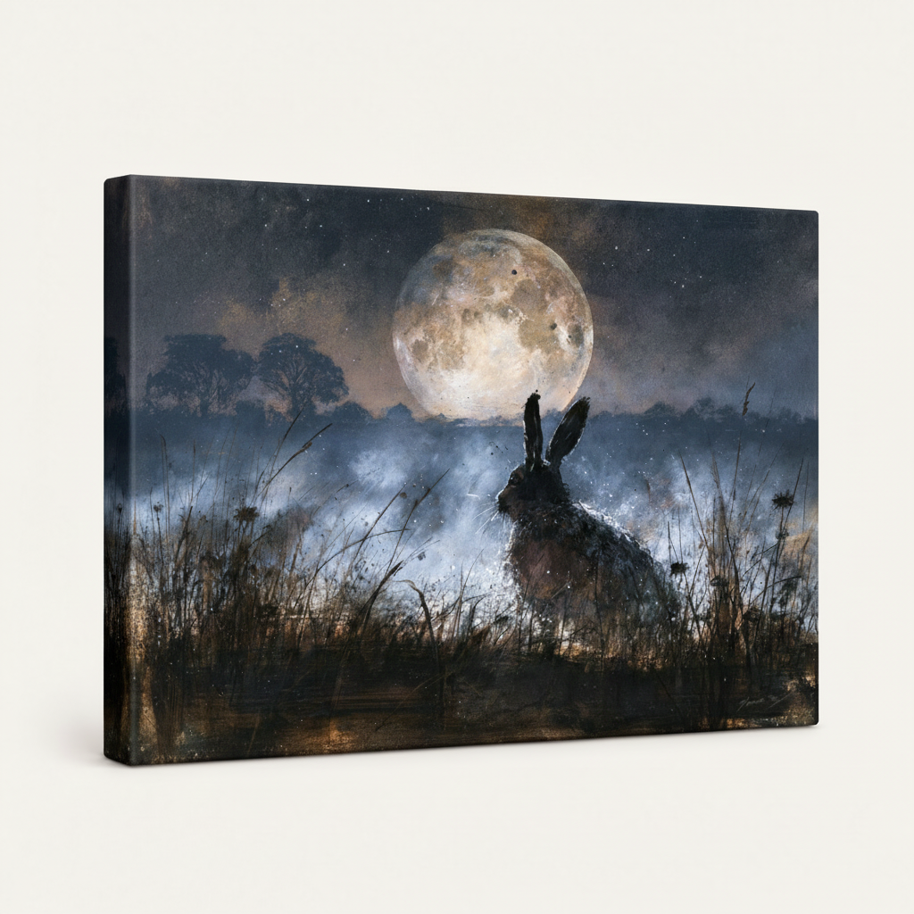 Gallery-wrapped moonlit hare canvas side view showing dark navy and silver moon edge wrap