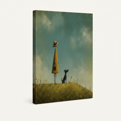 Gallery-wrapped whimsical girl and dog canvas showing golden meadow and teal sky, 3/4 left-tilt angle view