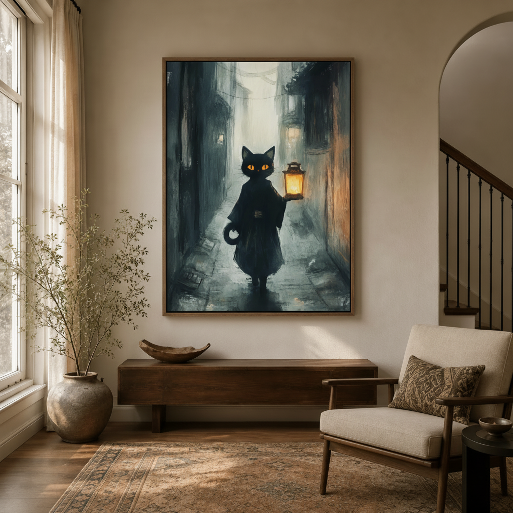 Moody black cat with glowing lantern canvas art in natural wood float frame, hallway entryway display