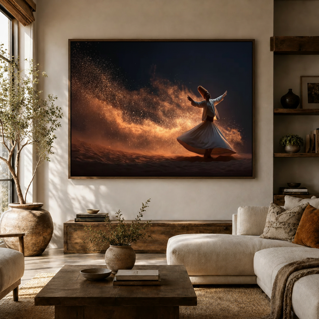 Hyperrealistic fire dance wall art with golden ember arc styled on a white sofa living room accent wall